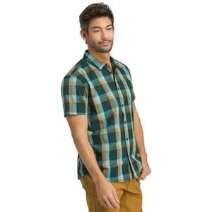 Prana Ecto Plaid Short Sleeve Button Up Shirt Mens X-Large XL Blue Brown Outdoor